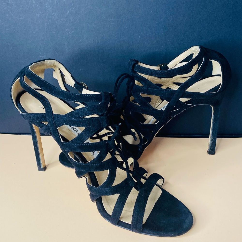 Manolo Blahnik Gladiator Black Suede Strappy Lace-Up Stiletto Sandals Size 38EU